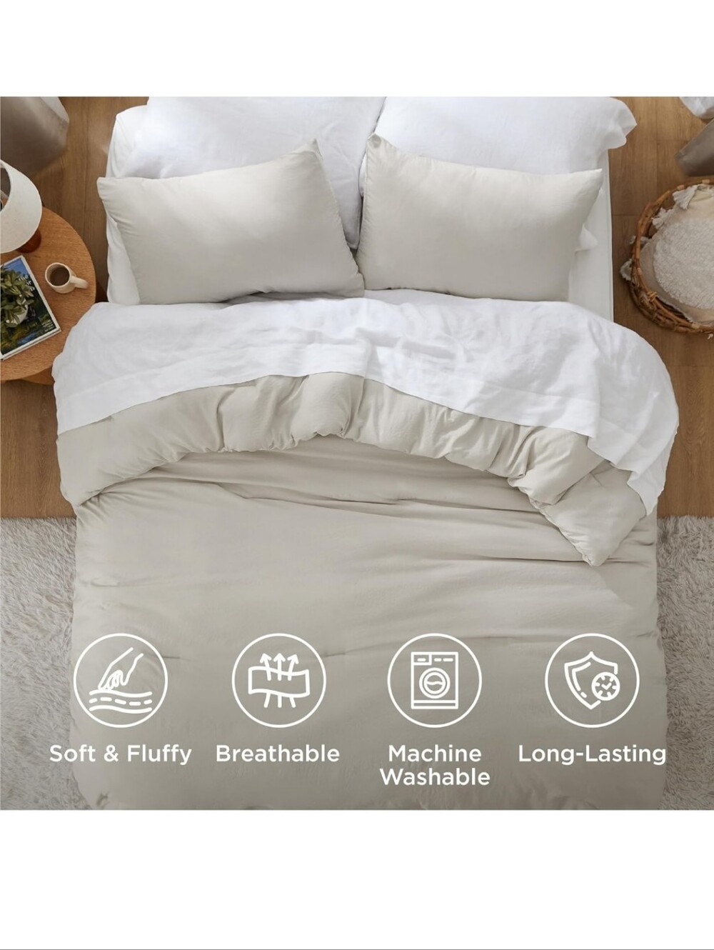 Bedsure Oversized King Comforter Set Soft Prewashed for All Season Beige 3 Piece - Picture 5 of 12